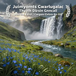 a fantasy meadow landscape with waterfall, lake, river, and patches of blue flower, digital art, painterly