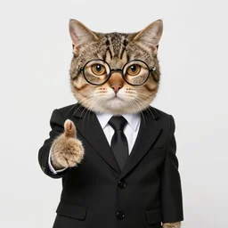 a cat wearing a black suit and swag glasses and showing thumbs up