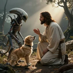 Jesus trying to convince alien Xenomorph to be a good puppy