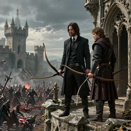 john wick and Simon peck as medieval bowmen, standing on a gothic style castle wall, overlooking a bloody battlefield in the background, trending on artstation, artwork in style of peter mohrbacher, unreal engine, octane render, intricate details, 8k high definition, beauriful, ornate, hyperrealistic