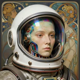 portrait of a biomechanical head inside a futuristic space helmet, vintage transistors, white metal, iridescent visor,  art by Ruan Jia and Alphonse Mucha,
