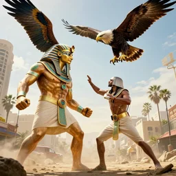 a movie still of a gigantic egyptian god fighting a huge eagle in blade runner los angeles, by marvel movies and ilm