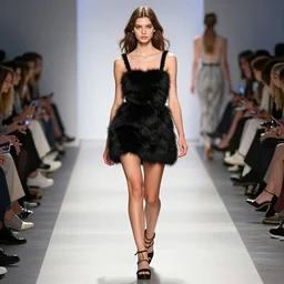 full body aesthetic digital illustration of a beautiful young woman walking a runway in a furry little black dress, by wlop and Julia Razumova, realistic, photorealistic, , deviantArt, trending on artstation, artstation HQ
