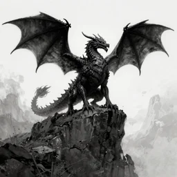 black dragon standing atop a cliff, art by lovecraft