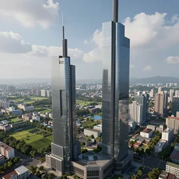 two skyscrapers with straight features rising above the rural city with atmospheric clouds, daylight, artstation, unreal engine 5, hyperdetailed, aerial view, 2 4 mm lens