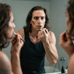 tranny nic cage putting on makeup sloppy in the mirror