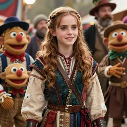 detailed ultrarealistic photography medium shot of dnd fantasy festival ethnic rustic emma watson girl warrior in muppet show cloth, leyendecker, norman rockwell, greg rutkowski, jim henson artstation cinematic, vray