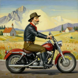 Napoleon Crossing the Alps on a Harley Davidson , Salvador Dali style , oil painting