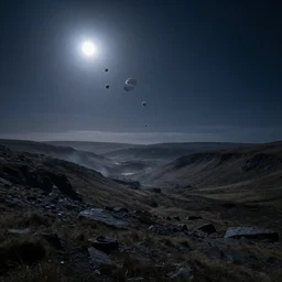 a dreamlike photo of small blobs of interdimensional fractal creatures falling from the sky in the distance, on a dark moonlit night, a vast landscape with mysterious rugged welsh hills, dust particles, natural lighting, natural color palette, awe inspiring, wide angle, cinematographic, subtle lens flare