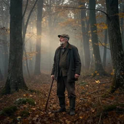 an old hunter in an autumn forest, modernist, mysterious dense forest, autumn lights, misty, smoky atmosphere, photorealism, sharp details, some rays of light, cgsociety, masterpiece, hyper - detailed, hd, hdr, 8 k, by ruan jia, michael komarck, greg rutkowski