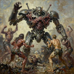 oil paint of flayed god machines, mutations cluster battle machines pushing chaos, intricately macerated by age, sentient, dethroned goliath machine, whipping catarrh fungal pit, rotting, by alberto bontempi, alex ross, shigeru komatsuzaki, wayne d barlowe, alex ross, stefano tamburini, simon bisley & boris vallejo,