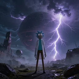 Rick and Morty on doom and gloom planet, lightning storm, vibrant colors, by Stephen King, misty, moody, sinister, cinematic lighting, cinematic color grading, 8k render, hyperrealistic, ultra HD, Unreal Engine 5 render