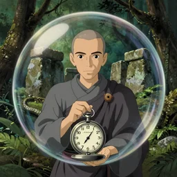 hyperrealist, studio ghibli dull colors portrait from close encounters of the third kind 1 9 7 7 of a grey pocketwatch monk warping in a snake bubble jungle stonehenge.