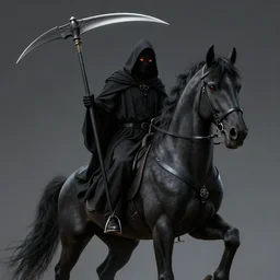 high - resolution digital render of the grim reaper riding a black warhorse, holding a wicked scythe, black robe, fiery eyes, matte painting, realistic, super - resolution, perfectionism, elegant, octane engine, neo - gothic, detailed, sharp focus, illustration, coherent, professional vfx