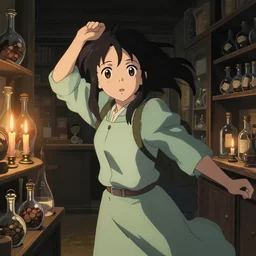 anime visual, portrait of a young female traveler in a alchemist's potion shop vary low light interior shopping, dark, candles, cute face by ilya kuvshinov, yoh yoshinari, makoto shinkai, katsura masakazu, dynamic pose, dynamic perspective, cel shaded, flat shading mucha, crisp and sharp, rounded eyes, moody, detailed facial features