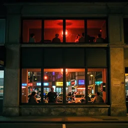 outdoorsy guys club likes to look at the exteriors of urban architecture  cinematic lighting film quality by darius khondji wong kar-wai night:2 time scenes reflections through windows:2 red:4 and blue:3 lights orange:4 lights busy nightlife:2 in city scene nostalgic:4 quality