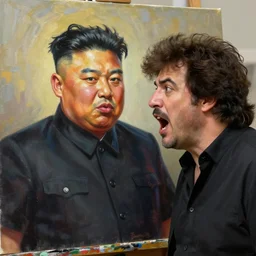 bob ross screaming at a painting of kim jong un octane render