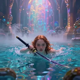 Emma Stone with katana swimming in chromatic distortions in misty mysterious astral temple, beautiful, psychedelic, lsd, trending on artstation, omnious, soft, artwork by Tran, Ross