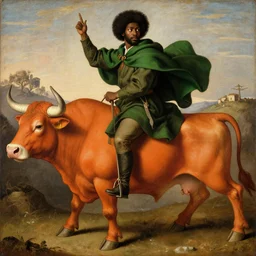 black man with afro hair wearing an army green cloak, riding!!! an orange!! bull!!!, renaissance style painting