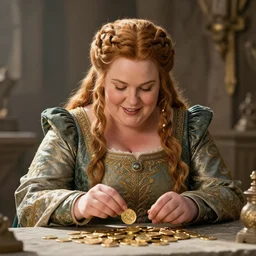 portrait, beautiful dwarven lady wearing an elegant brocade dress counting gold coins on a stone table, by greg staples, thomas kinkade, jeff easley, dungeons and dragons, lord of the rings, intricate, ultrarealistic, cheerful, complex braided hair, chubby and plump, big nose, sharp focus, sunlight, soft lighting
