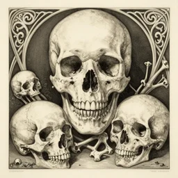 by yoshitaka amano, detailed realistic etching, memento mori, gothic, skulls, bones, art nouveau, neogothic, elegant, horizontal symmetry