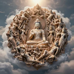 massive mess of Kajuraho sculptures melted in a organic form all together become real beautiful human realistic bodies practising kamasutra in the clouds, celestial light,  photo real,  by luis ricardo molero ,trending on artstation , rule of thirds, Highly detailed, anatomically correct, dramatic lighting,