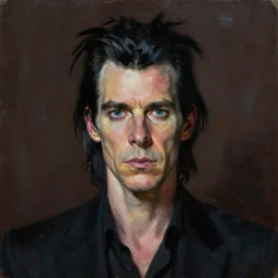 a portrait of nick cave, masterpiece, dramatic lighting, painting by ruan jia and jakub rebelka