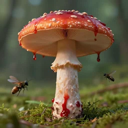 a photography of a mushroom dripping blood, photorealistic, terriying, insects flying, 2 4 mm, f 1 4