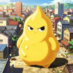 the mayo man, angular sharp pointy humanoid blob of mayonnaise, angry eyes, shaded out eyes, 2 0 0 1 anime, flcl, jet set radio future, golden hour, japanese town, concentrated buildings, japanese neighborhood, construction site, cel - shaded, strong shadows, vivid hues, y 2 k aesthetic