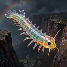 a gigantic rainbow colored, iridescent, transparent centipede flying over a chasm, frills, fins, rainbow, antennae, dark, frank frazetta