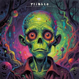 Hyperdetailed psychedelic horror fantasy portrait of Mr Flibble by Wayne Barlowe and Beeple, vivid color, album cover,
