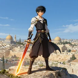 an ultra detailed matte landscape painting of saladin as a shonen anime protagonist standing confidently on a cliff overlooking jerusalem with huge flaming longsword blessed by god, epic anime fantasy, 8 k, volumetric lighting, smooth, highly detailed, digital illustration, art by kentaro miura and akira toriyama and artgerm