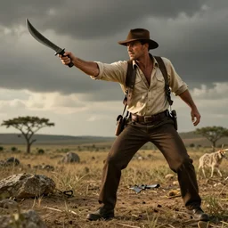 dexter Morgan dressed as Indiana Jones throwing knives, realism