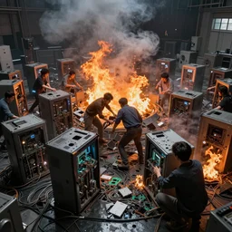 diverse groups of humans destroying the supercomputers inside, breaking circuits, smashed, fire, smoke, from behind, rebirth, beauty, wide angle, elaborate, wet, highly detailed, colors, beautiful lighting