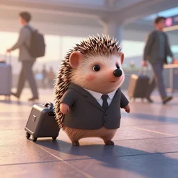 a cute hedgehog, wearing a business suit, dragging a trolley, busy airport, early morning hours, long shadows, in the style of pixar films
