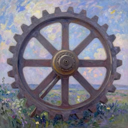 Giant gear, out of time and space,dreamy, eternity, romantic, epic, artstation, highly detailed, octane render, in the style of Monet