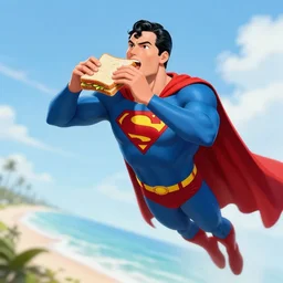 Superman eating a sandwich flying over Florida