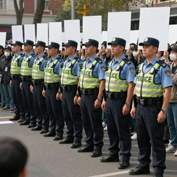 police lined up, standing against the crowd of protesters with blank posters, concept art, intricate details, highly professionally detailed, cgsociety, highly detailed -