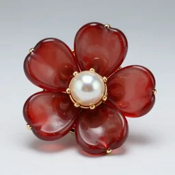 a luxury jewelry, flower forms, red glass, pearl, close up, no people