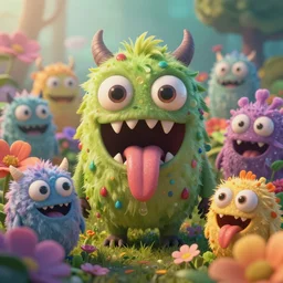 intricate colourful murky sunny day with strange cute friendly horror crazy monsters with huge beauty eyes long tongue triangle teeth and scary face appearing from the flowers, in the style of craola, shallow depth of field, highly detailed, digital painting, trending artstation, concept art, illustration, cinematic lighting, vibrant colors, photorealism, epic, octane render