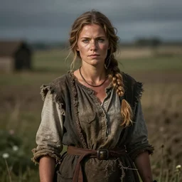 portrait, a hardworking dwarven female farmer, ragged clothes, standing in a field, dirty