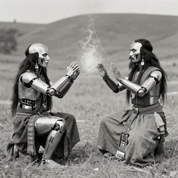 vintage bw photo of a two cyborg shamans doing magic