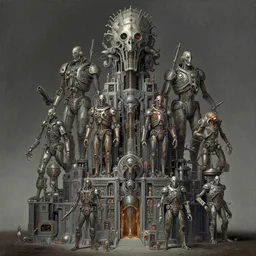 airbrush & oils of 4 character, tiered flayed god machines, cluster tiered heirarchy, battle chaos, mainframe hydrocracking battles, medical chromed, dystopian, by wayne d barlowe, h r giger, simon bisley, alex nino, boris vallejo, enric torres, hyper realism, narrative light, muted colors, epic, hyper detailed, awe inspiring,