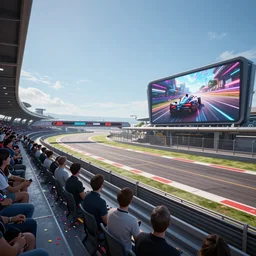 wide angle shot of a futuristic racetrack from the attendee stands with confetti on a sunny day with a clear blue sky and big tv screens in the background showing the car race, cyberpunk, profile shot, digital painting, good value control, unreal engine 5 render, octane render, 8 k fourze, realistic textures, wipeout 2 0 4 8, f - zero