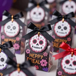 a close up photo showing a set of party favors, fun bags, favor tags, with the theme of the day of the death, birthday party celebration, day of the dead themed birthday party favors, gifts, party favors, photo realistic, hyper realistic, detailed, sharp, focused, focused, detailed, sharp, instagram, influencer, 8 k resolution, hyperrealistic, octane render