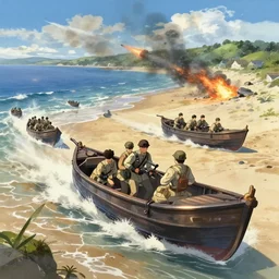 landing crafts reaching the beaches of normandy amidst gunfire, highly detailed, digital painting, concept art, sharp focus, by makoto shinkai