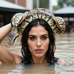 closeup portrait of a woman carrying a python over her head in a flood in Rundle Mall in Adelaide in South Australia, photograph, natural light, sharp, detailed face, magazine, press, photo, Steve McCurry, David Lazar, Canon, Nikon, focus
