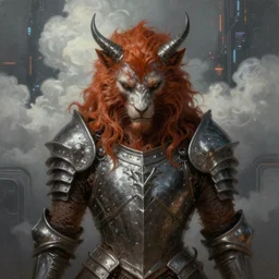 ultra realist and ultra intricate detailed soft painting of a beast covered by a gothic armor, thin lustrous auburn fur, symmetry features, sensual gloomy style, soft painting, volumetric clouds,  cyberpunk background, artstation, Tom Bagshaw artstyle, unreal render, depth of field