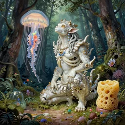 ancient creature in hoia - baciu forest, by asaf hanuka, by ralph steadman, artwork, bone china, kinemacolor, jellyfish, sponge, elegant, ornate, hyper realistic, super detailed, on path to enlightenment