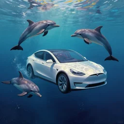 a surreal colourful painting of a tesla car underwater surrounded by dolphins